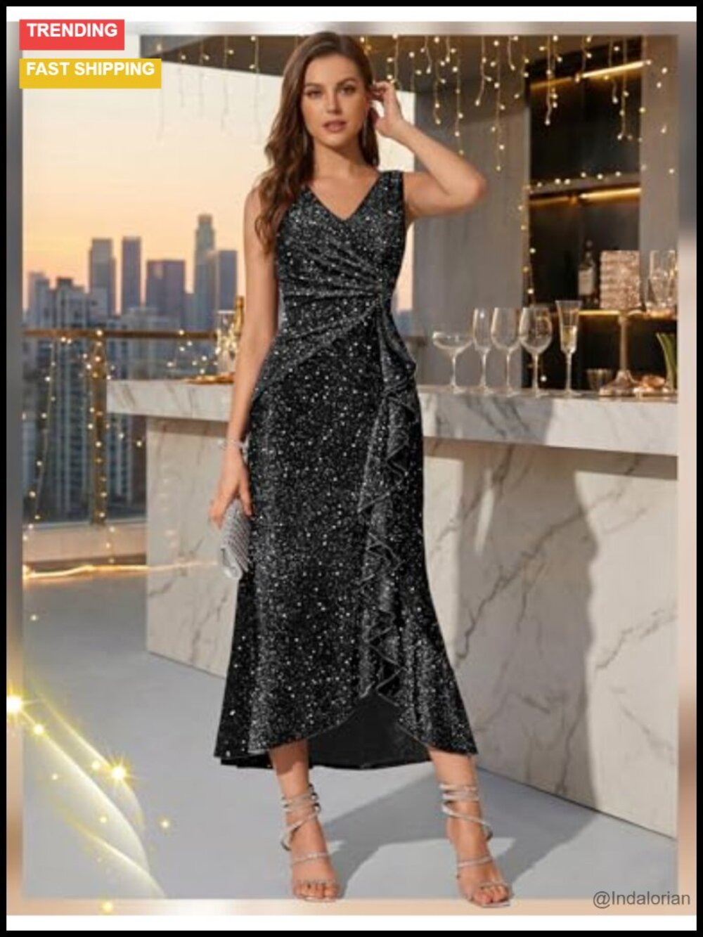 Sequin Formal Long Ruffle Dress V-Neck Backless Cocktail Gown - Picture 5 of 6